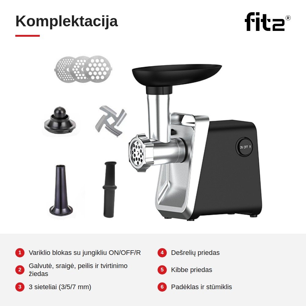 Virtuvinis kombainas Elektrinė mėsmalė FIT2 MG-S10 2800 W su atbuline eiga, 3 sieteliais, dešrelių ir kibbe priedais aprašymas - Prekės nuotrauka