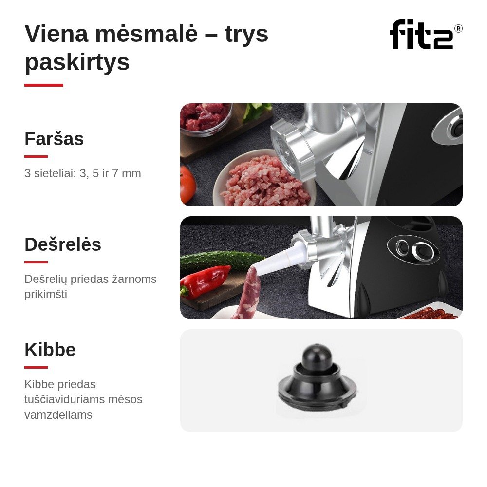Virtuvinis kombainas Elektrinė mėsmalė FIT2 MGB-120 2800 W su atbuline eiga, 3 sieteliais, dešrelių ir kibbe priedais aprašymas - Prekės nuotrauka