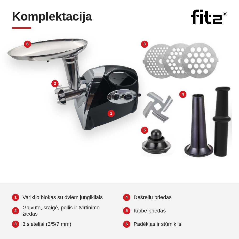 Virtuvinis kombainas Elektrinė mėsmalė FIT2 MGB-120 2800 W su atbuline eiga, 3 sieteliais, dešrelių ir kibbe priedais aprašymas - Prekės nuotrauka