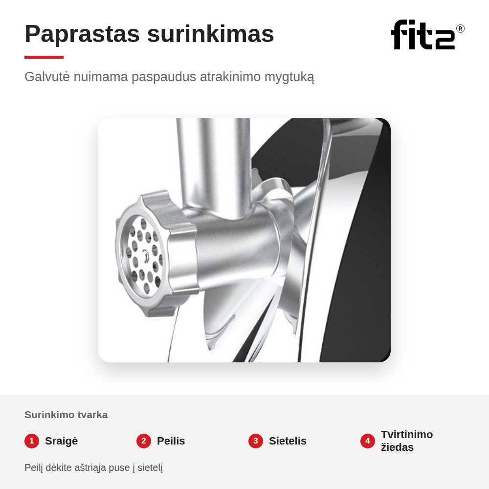 Virtuvinis kombainas Elektrinė mėsmalė FIT2 MGB-120 2800 W su atbuline eiga, 3 sieteliais, dešrelių ir kibbe priedais aprašymas - Prekės nuotrauka