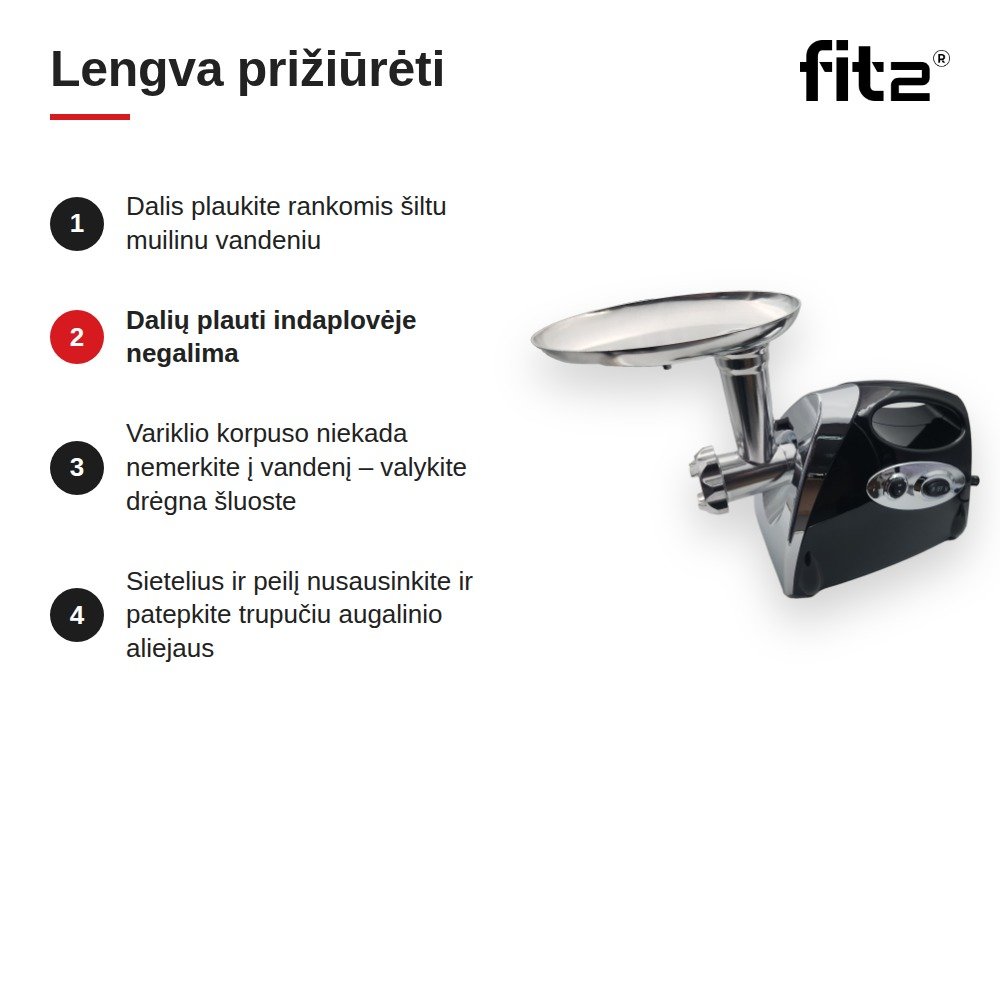 Virtuvinis kombainas Elektrinė mėsmalė FIT2 MGB-120 2800 W su atbuline eiga, 3 sieteliais, dešrelių ir kibbe priedais aprašymas - Prekės nuotrauka