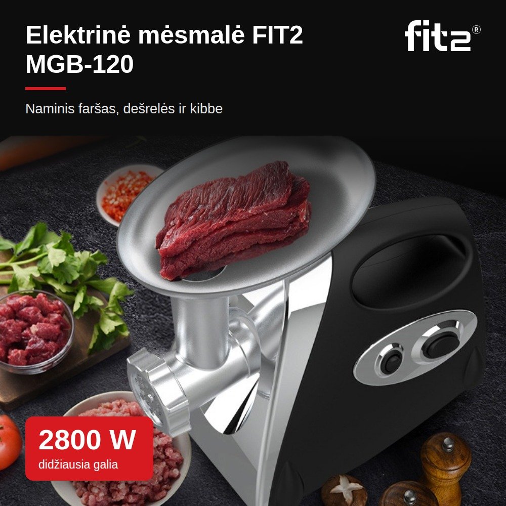 Virtuvinis kombainas Elektrinė mėsmalė FIT2 MGB-120 2800 W su atbuline eiga, 3 sieteliais, dešrelių ir kibbe priedais aprašymas - Prekės nuotrauka