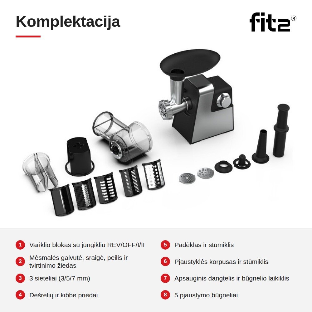 Virtuvinis kombainas Elektrinė mėsmalė ir daržovių pjaustyklė FIT2 MG-S6 2in1, 2800 W, su atbuline eiga, 3 sieteliais ir 5 pjaustymo būgneliais aprašymas - Prekės nuotrauka