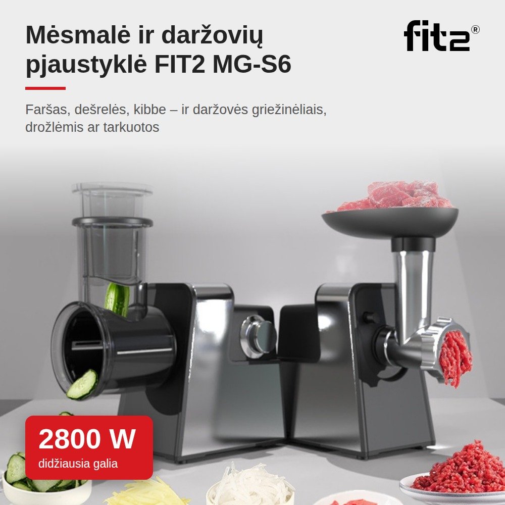 Virtuvinis kombainas Elektrinė mėsmalė ir daržovių pjaustyklė FIT2 MG-S6 2in1, 2800 W, su atbuline eiga, 3 sieteliais ir 5 pjaustymo būgneliais aprašymas - Prekės nuotrauka
