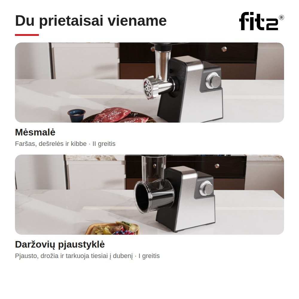 Virtuvinis kombainas Elektrinė mėsmalė ir daržovių pjaustyklė FIT2 MG-S6 2in1, 2800 W, su atbuline eiga, 3 sieteliais ir 5 pjaustymo būgneliais aprašymas - Prekės nuotrauka