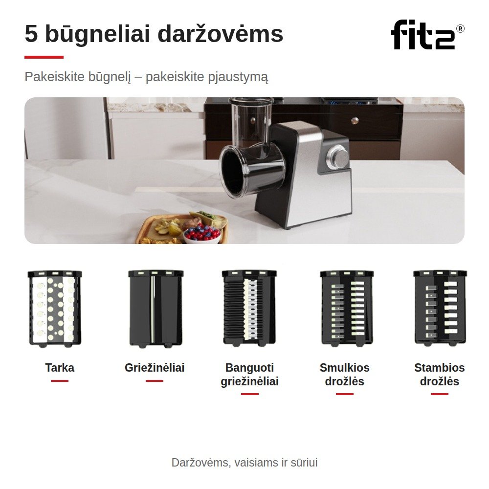 Virtuvinis kombainas Elektrinė mėsmalė ir daržovių pjaustyklė FIT2 MG-S6 2in1, 2800 W, su atbuline eiga, 3 sieteliais ir 5 pjaustymo būgneliais aprašymas - Prekės nuotrauka