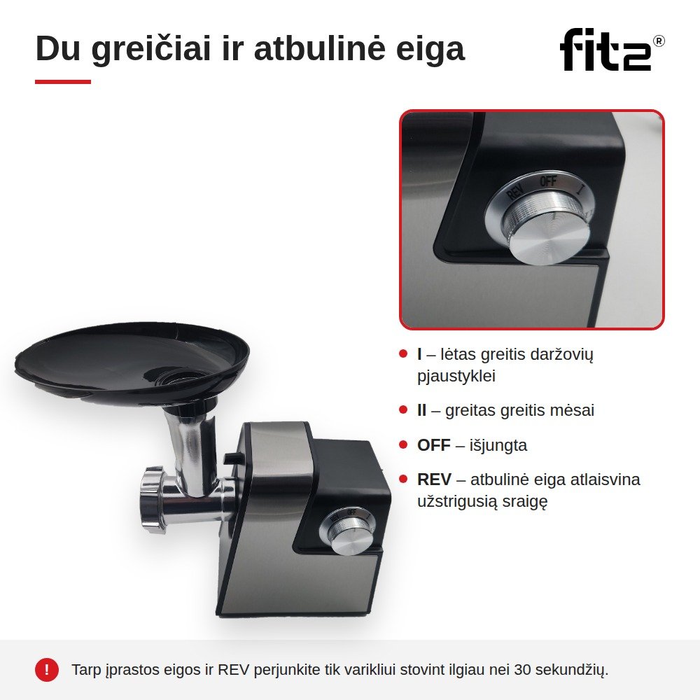 Virtuvinis kombainas Elektrinė mėsmalė ir daržovių pjaustyklė FIT2 MG-S6 2in1, 2800 W, su atbuline eiga, 3 sieteliais ir 5 pjaustymo būgneliais aprašymas - Prekės nuotrauka