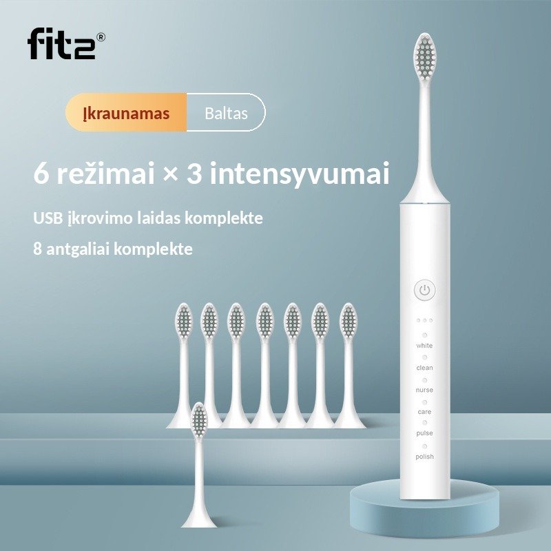 Elektrinis dantų šepetėlis FIT2 X-5, 6 režimai, 8 antgaliai, IPX7, baltas aprašymas - Prekės nuotrauka