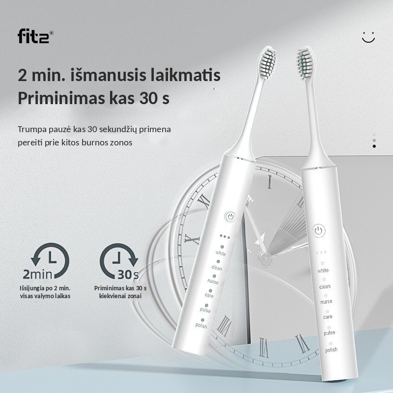 Elektrinis dantų šepetėlis FIT2 X-5, 6 režimai, 8 antgaliai, IPX7, baltas aprašymas - Prekės nuotrauka