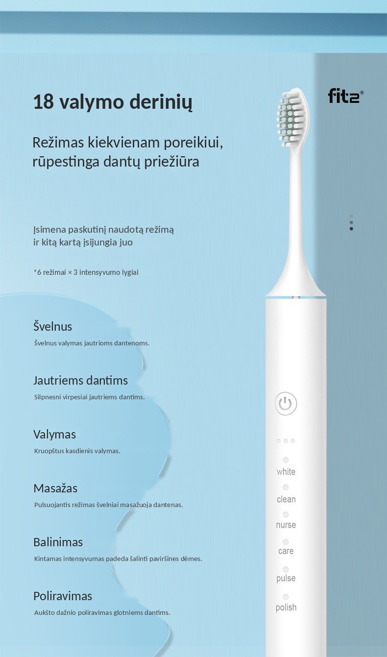 Elektrinis dantų šepetėlis FIT2 X-5, 6 režimai, 8 antgaliai, IPX7, baltas aprašymas - Prekės nuotrauka