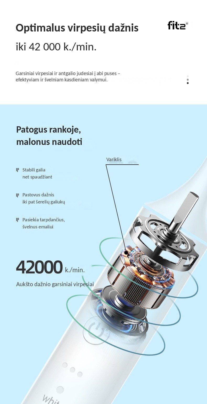 Elektrinis dantų šepetėlis FIT2 X-5, 6 režimai, 8 antgaliai, IPX7, baltas aprašymas - Prekės nuotrauka