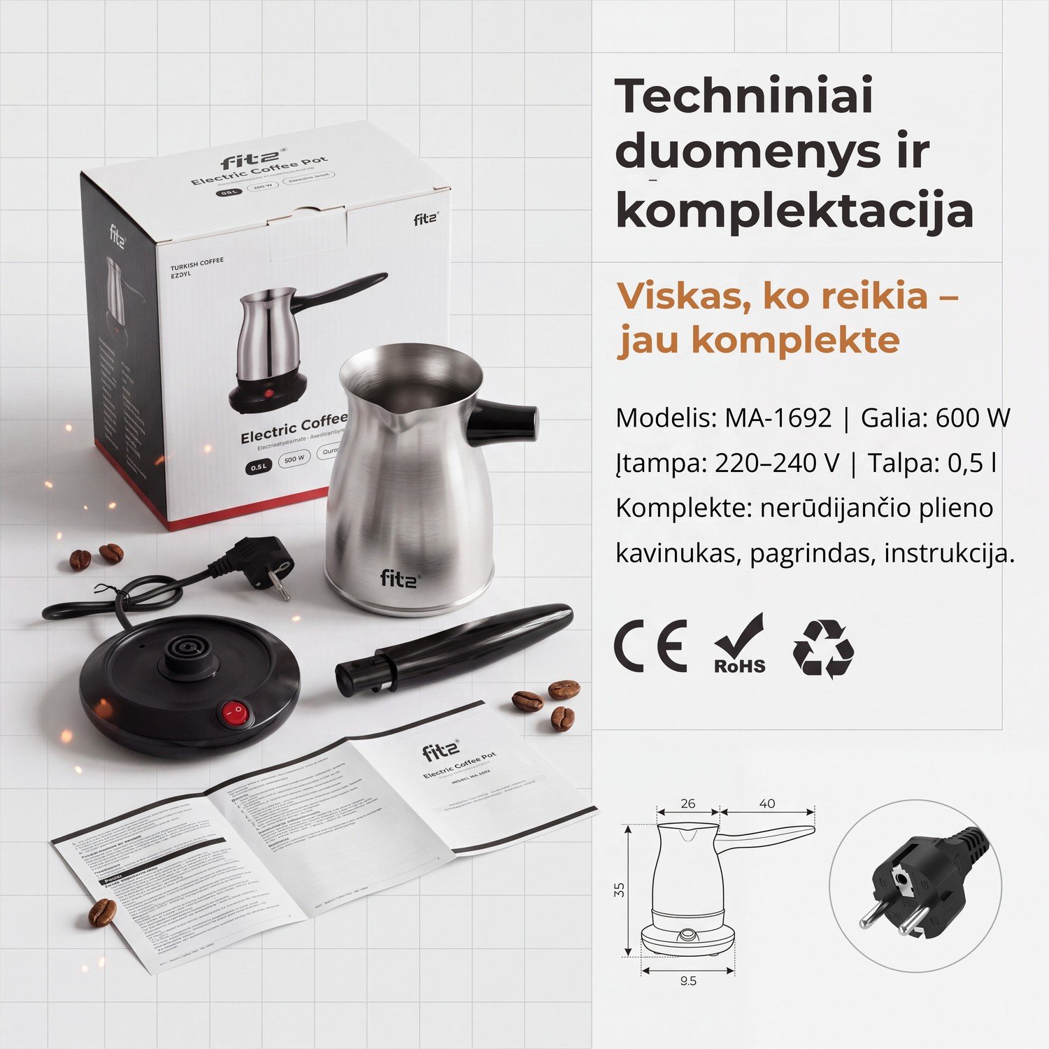 Kavos aparatas Elektrinis kavinukas FIT2 MA-1692, 600 W, 0,5 l, nerūdijantis plienas aprašymas - Prekės nuotrauka