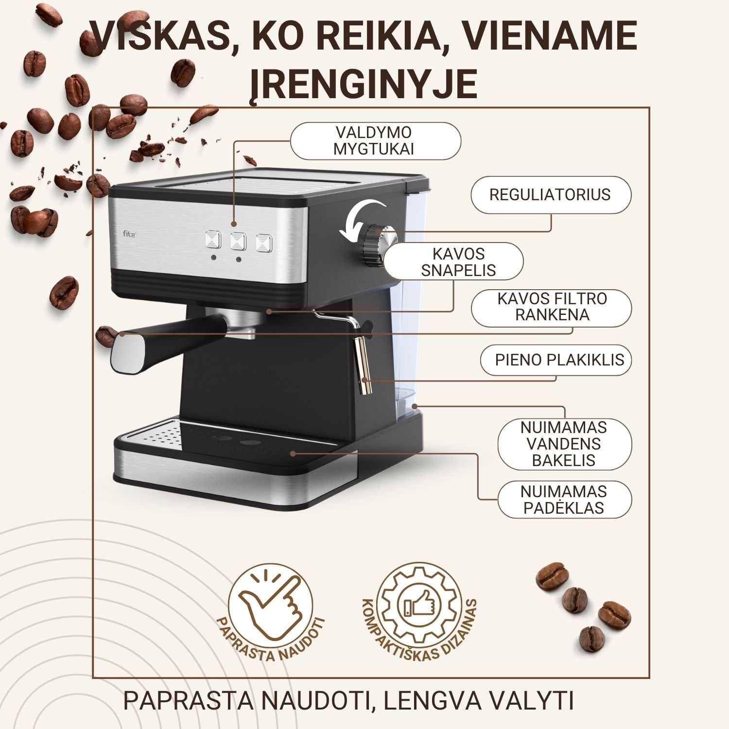 Espresso kavos aparatas FIT2 Viva – 20 bar, 1,7 L, 850 W aprašymas - Prekės nuotrauka