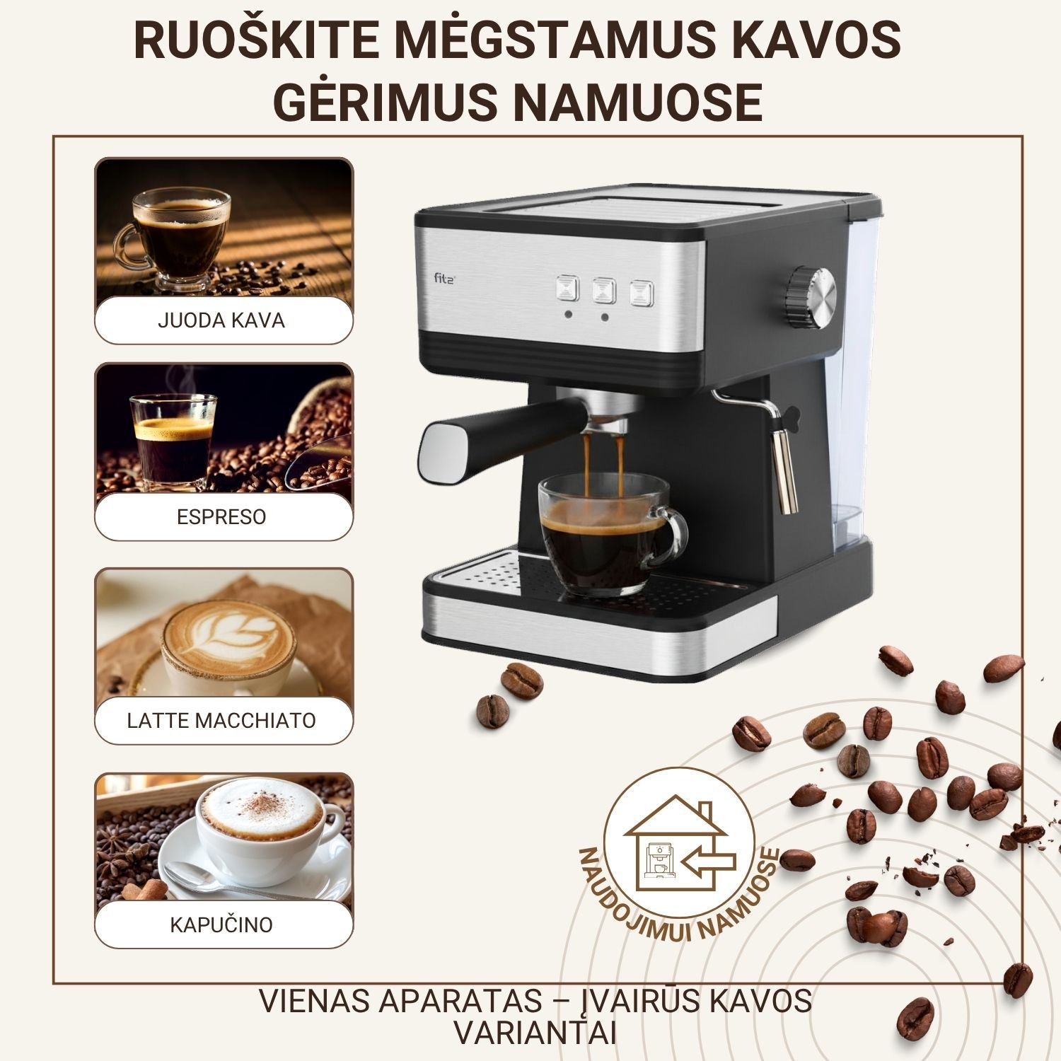 Espresso kavos aparatas FIT2 Viva – 20 bar, 1,7 L, 850 W aprašymas - Prekės nuotrauka
