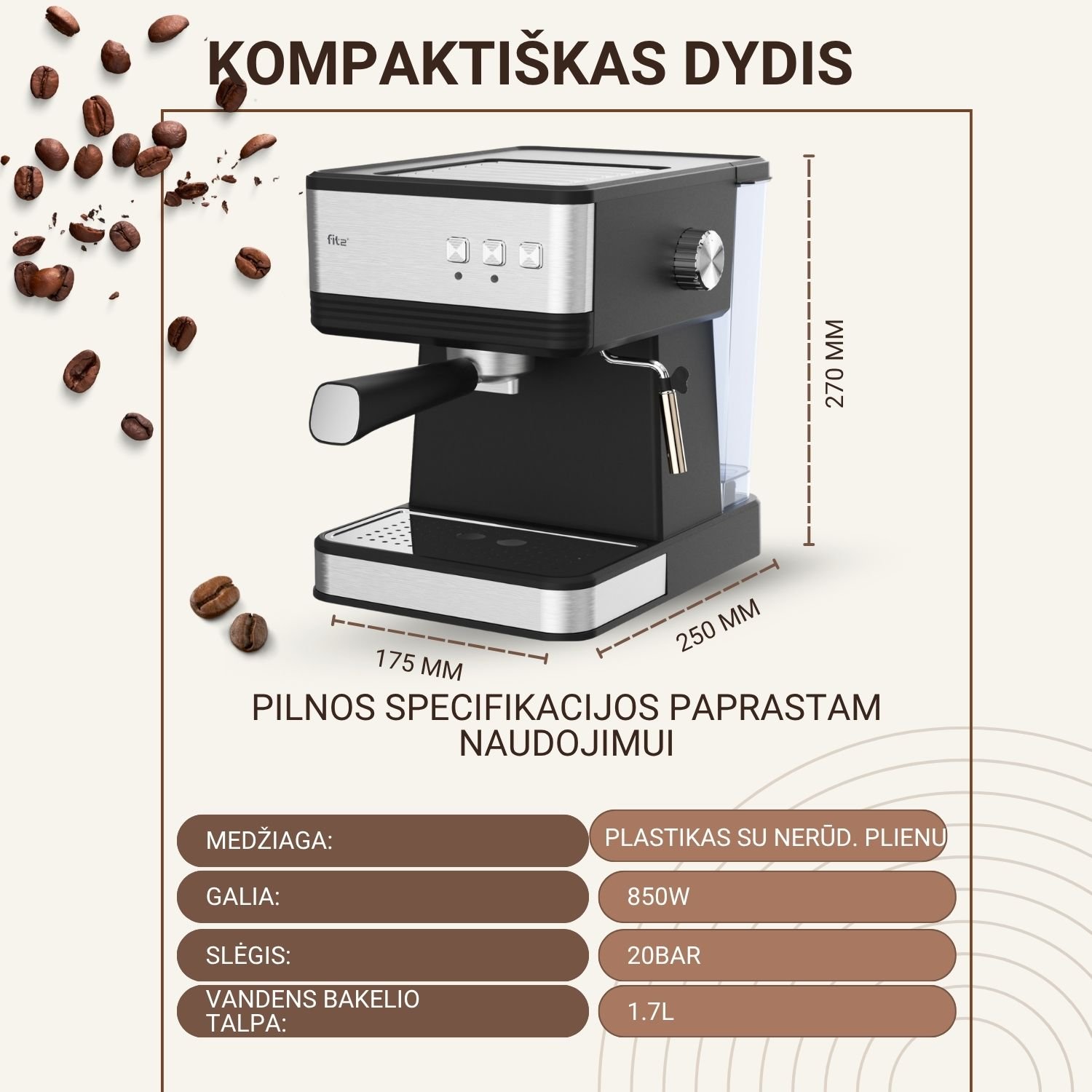 Espresso kavos aparatas FIT2 Viva – 20 bar, 1,7 L, 850 W aprašymas - Prekės nuotrauka