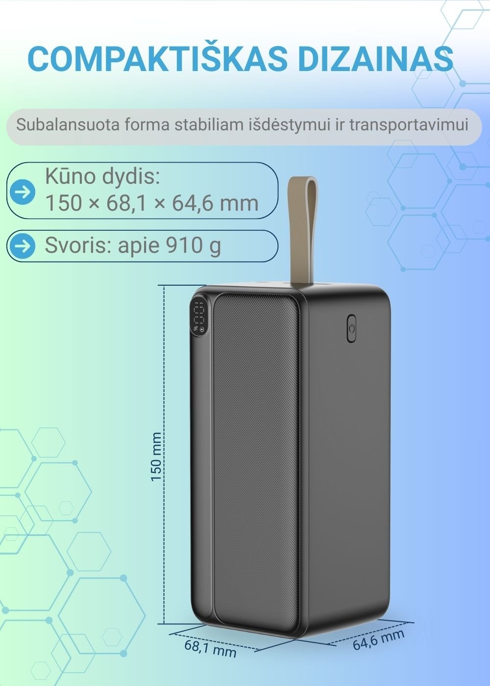 Greitojo įkrovimo išorinė baterija FIT2 K55 50000mAh 22.5W PD+QC su LED ekranu, juoda aprašymas - Prekės nuotrauka
