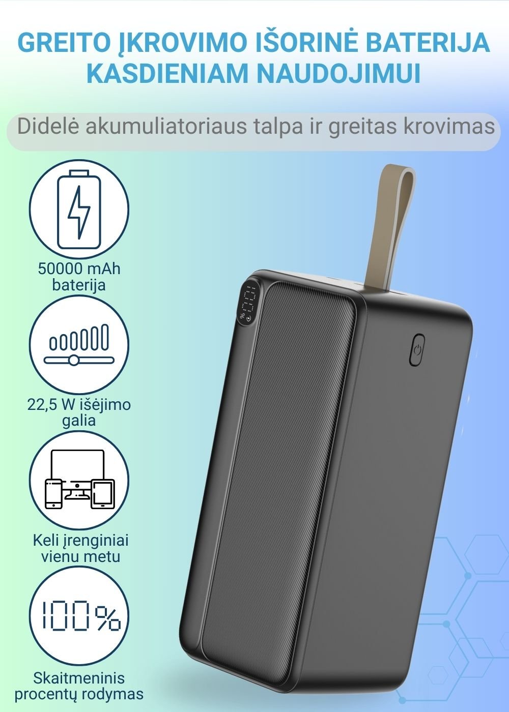 Greitojo įkrovimo išorinė baterija FIT2 K55 50000mAh 22.5W PD+QC su LED ekranu, juoda aprašymas - Prekės nuotrauka