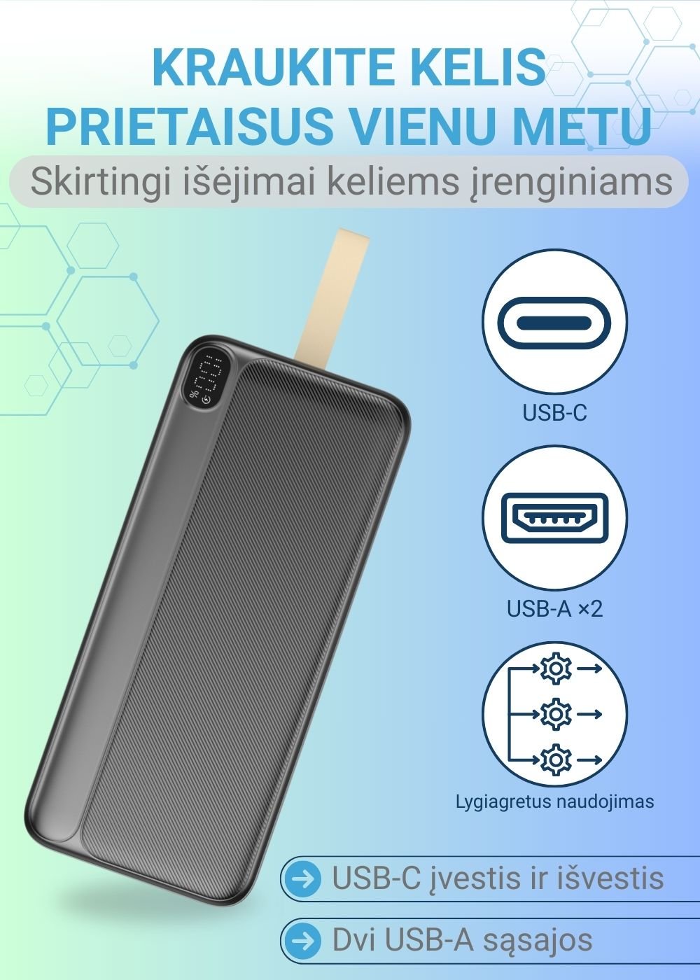 Greitojo įkrovimo išorinė baterija FIT2 K55 50000mAh 22.5W PD+QC su LED ekranu, juoda aprašymas - Prekės nuotrauka