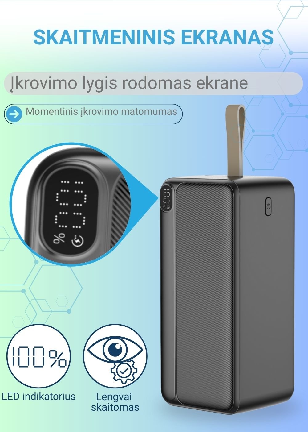 Greitojo įkrovimo išorinė baterija FIT2 K55 50000mAh 22.5W PD+QC su LED ekranu, juoda aprašymas - Prekės nuotrauka