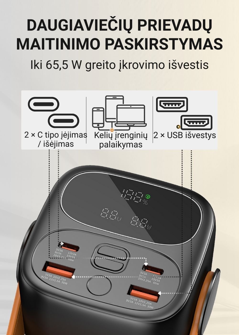 Greitojo įkrovimo išorinė baterija FIT2 PRO C40 40000mAh 65W PD su LED ekranu ir šviesa, juoda aprašymas - Prekės nuotrauka