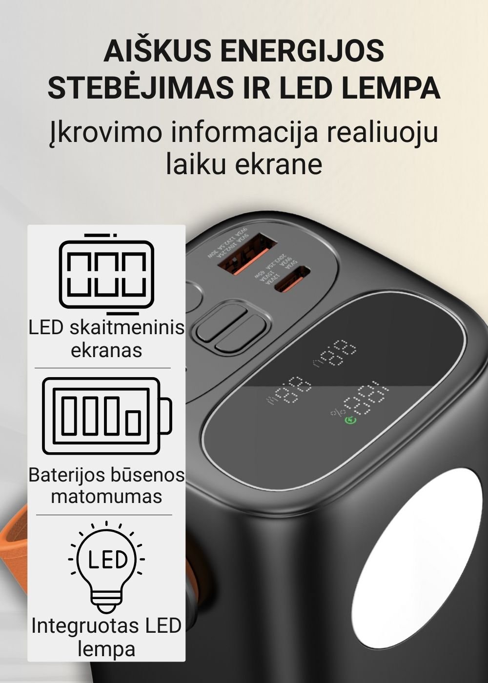 Greitojo įkrovimo išorinė baterija FIT2 PRO C40 40000mAh 65W PD su LED ekranu ir šviesa, juoda aprašymas - Prekės nuotrauka