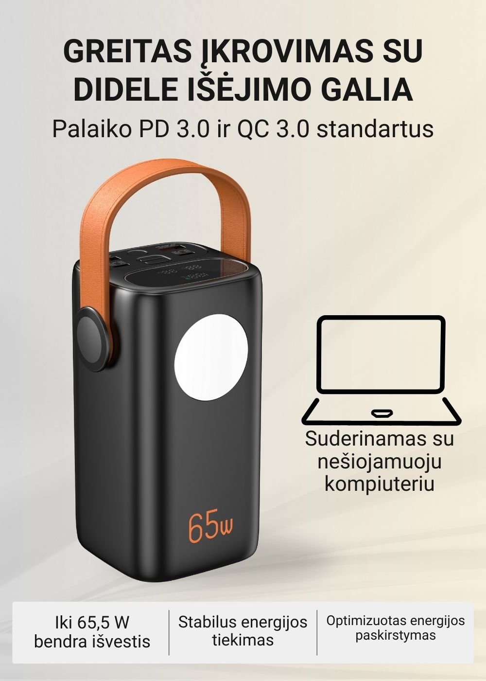 Greitojo įkrovimo išorinė baterija FIT2 PRO C40 40000mAh 65W PD su LED ekranu ir šviesa, juoda aprašymas - Prekės nuotrauka