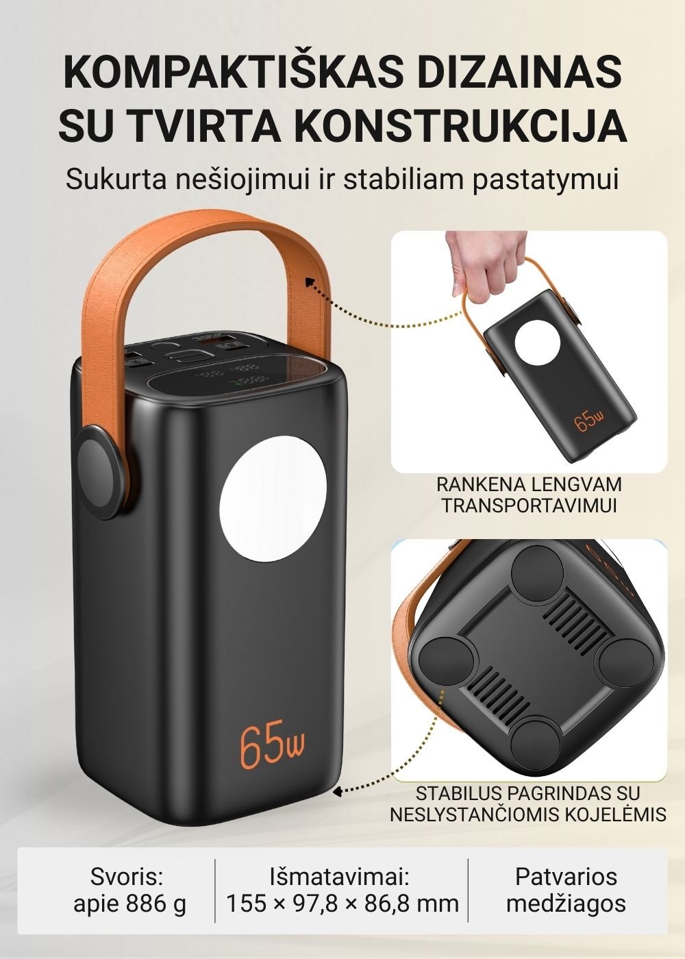 Greitojo įkrovimo išorinė baterija FIT2 PRO C40 40000mAh 65W PD su LED ekranu ir šviesa, juoda aprašymas - Prekės nuotrauka