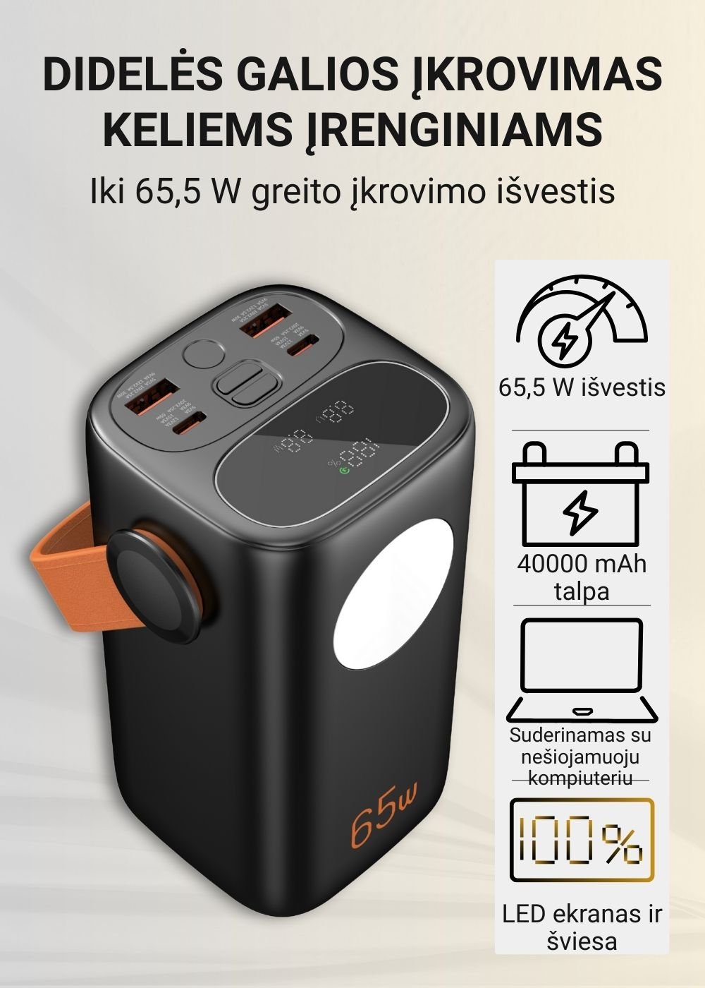 Greitojo įkrovimo išorinė baterija FIT2 PRO C40 40000mAh 65W PD su LED ekranu ir šviesa, juoda aprašymas - Prekės nuotrauka
