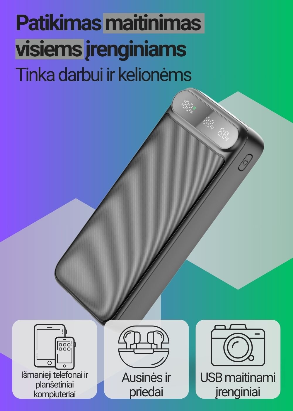 Greitojo įkrovimo išorinė baterija FIT2 K52-6 20000mAh 22.5W su įmontuotais kabeliais, juoda aprašymas - Prekės nuotrauka