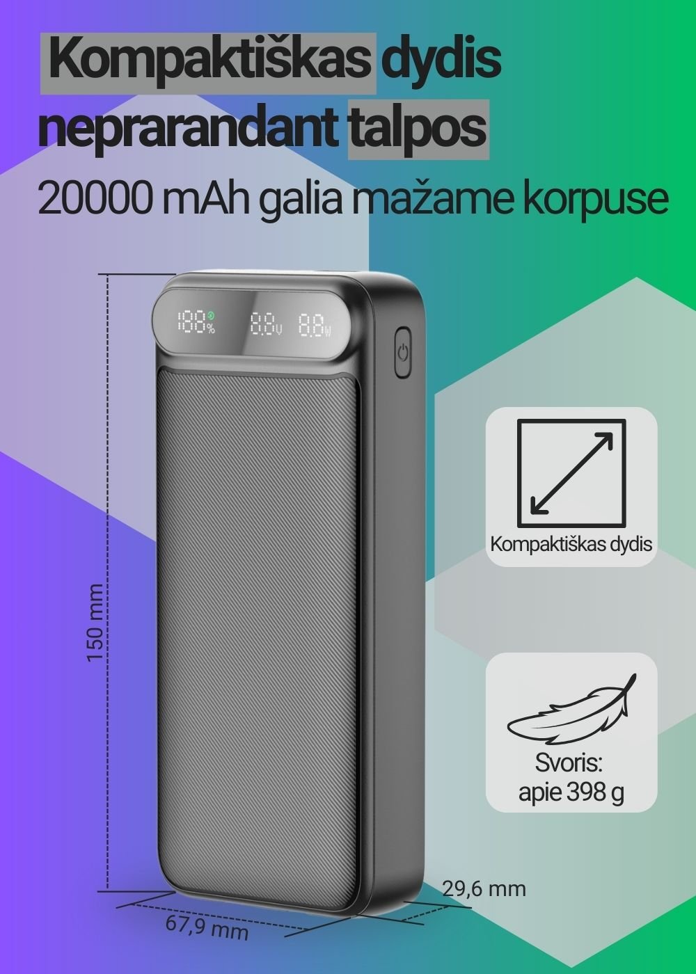 Greitojo įkrovimo išorinė baterija FIT2 K52-6 20000mAh 22.5W su įmontuotais kabeliais, juoda aprašymas - Prekės nuotrauka