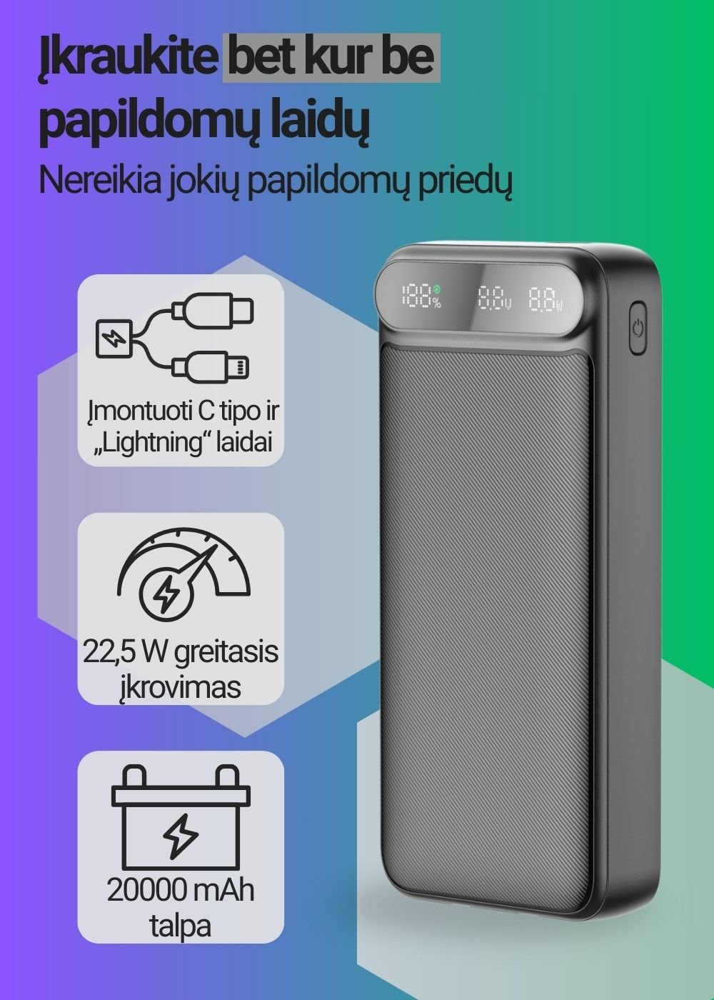 Greitojo įkrovimo išorinė baterija FIT2 K52-6 20000mAh 22.5W su įmontuotais kabeliais, juoda aprašymas - Prekės nuotrauka