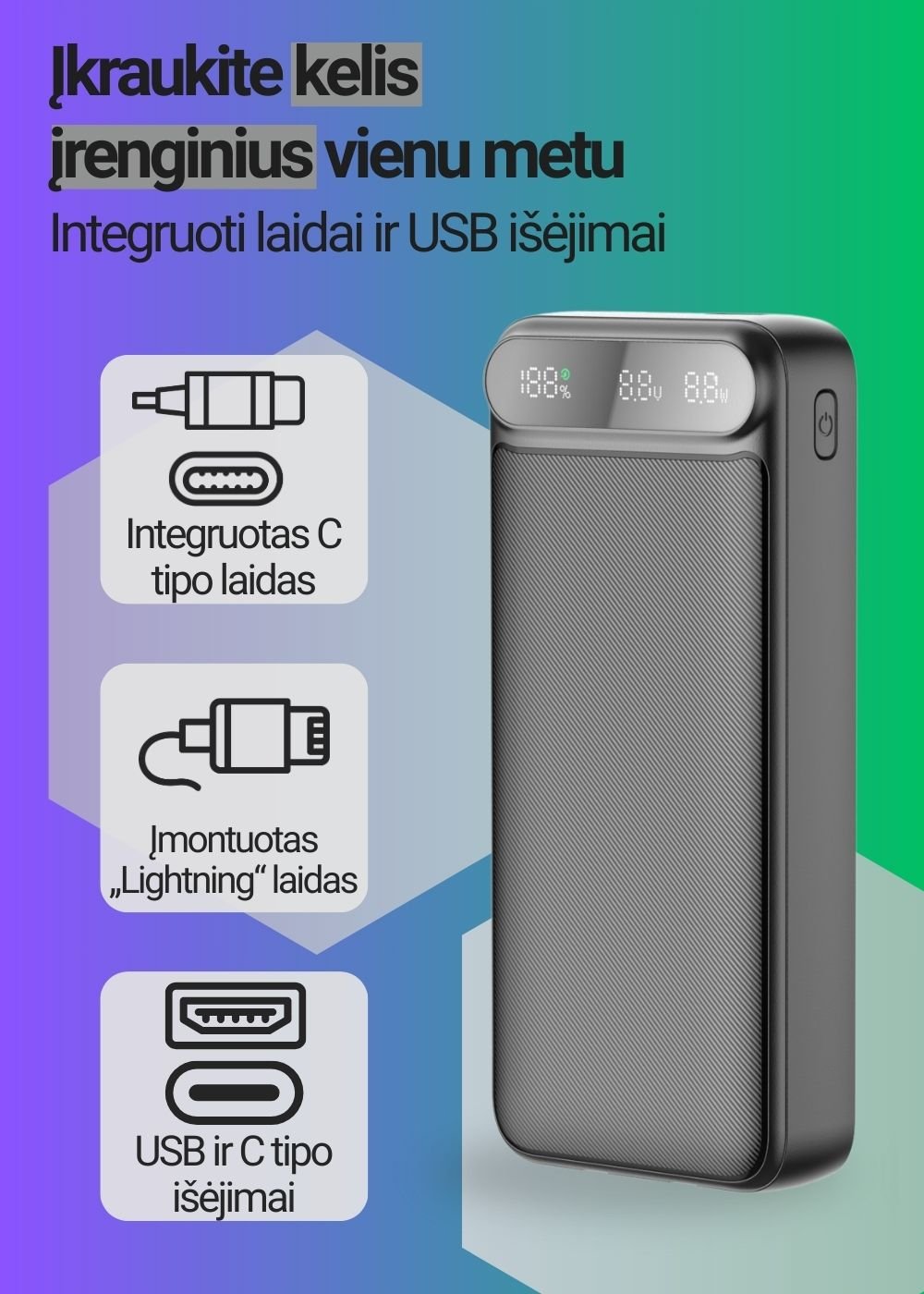 Greitojo įkrovimo išorinė baterija FIT2 K52-6 20000mAh 22.5W su įmontuotais kabeliais, juoda aprašymas - Prekės nuotrauka