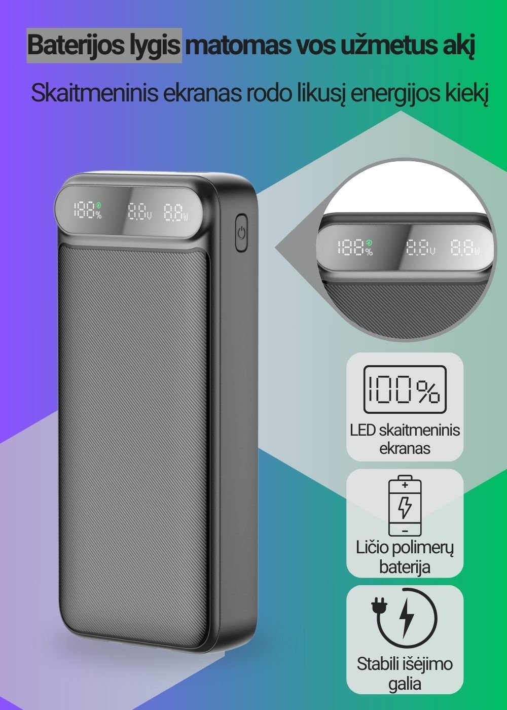 Greitojo įkrovimo išorinė baterija FIT2 K52-6 20000mAh 22.5W su įmontuotais kabeliais, juoda aprašymas - Prekės nuotrauka