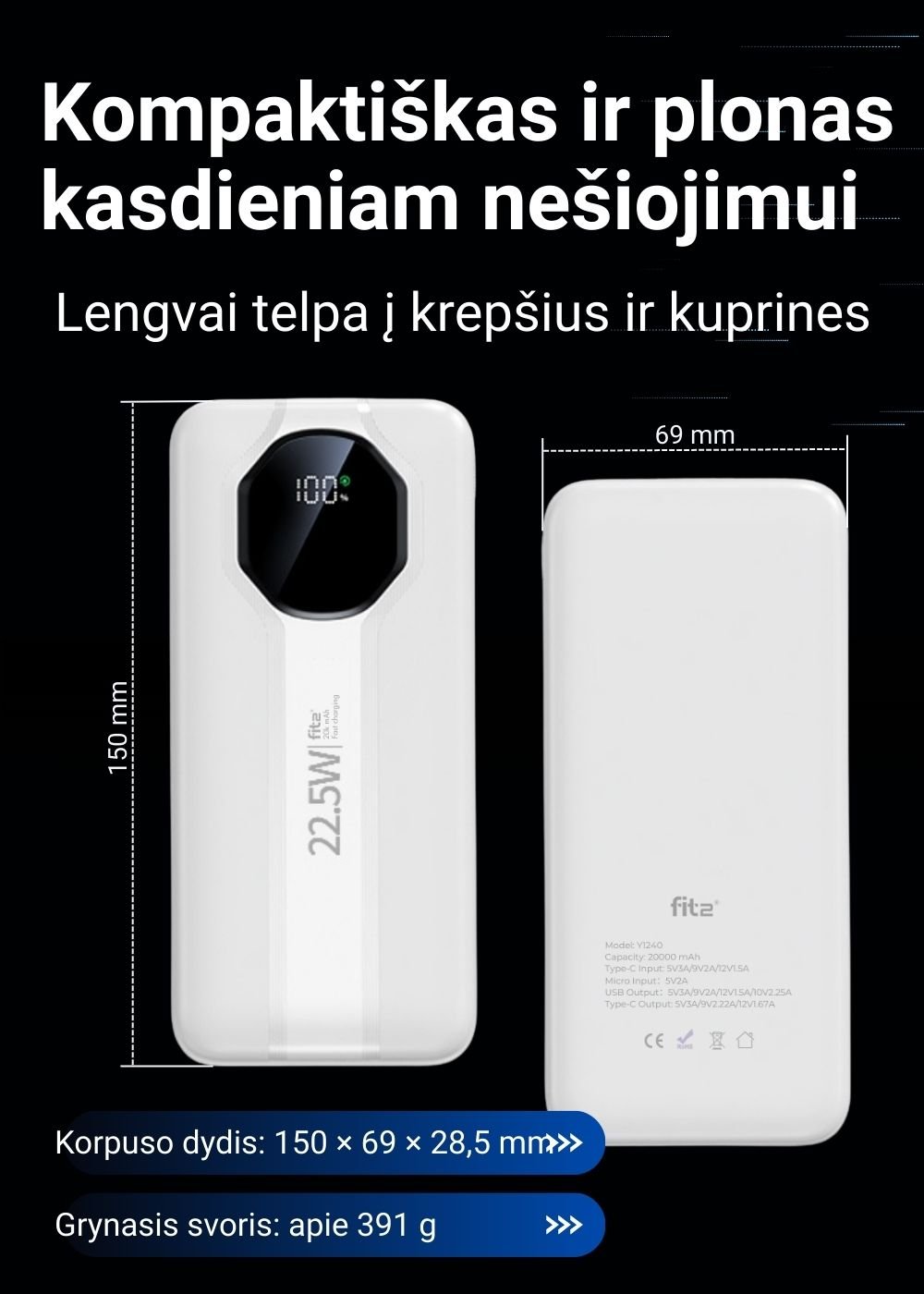 Greitojo įkrovimo išorinė baterija FIT2 Y1240 20000mAh 22.5W PD su LED ekranu, balta aprašymas - Prekės nuotrauka
