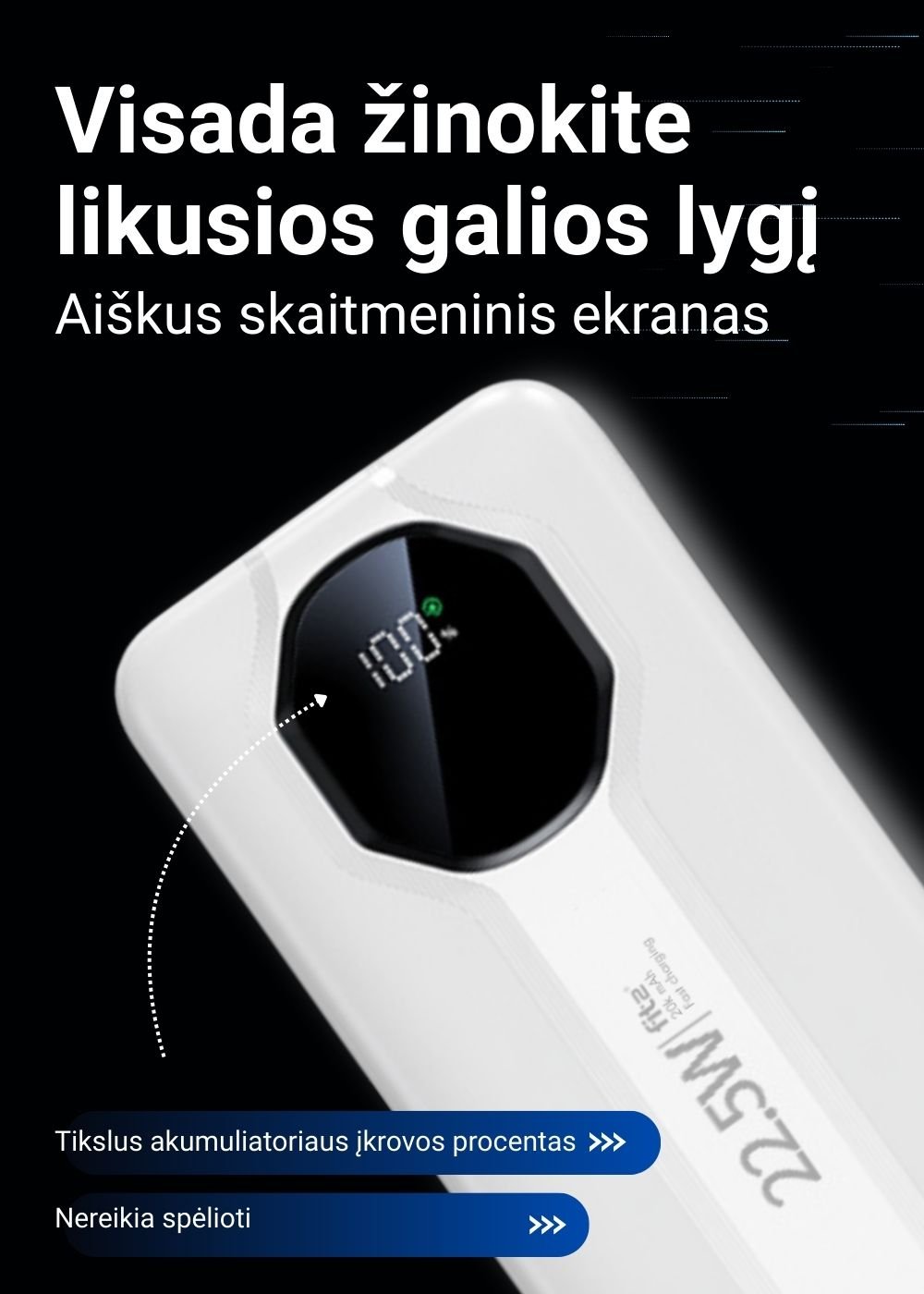 Greitojo įkrovimo išorinė baterija FIT2 Y1240 20000mAh 22.5W PD su LED ekranu, balta aprašymas - Prekės nuotrauka