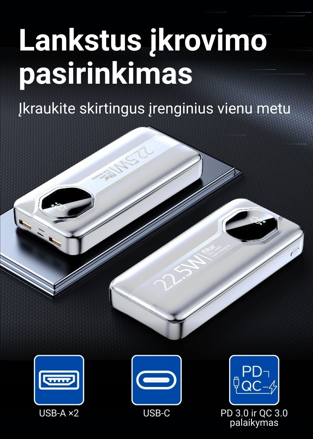 Greitojo įkrovimo išorinė baterija FIT2 Y1240 20000mAh 22.5W PD su LED ekranu, balta aprašymas - Prekės nuotrauka