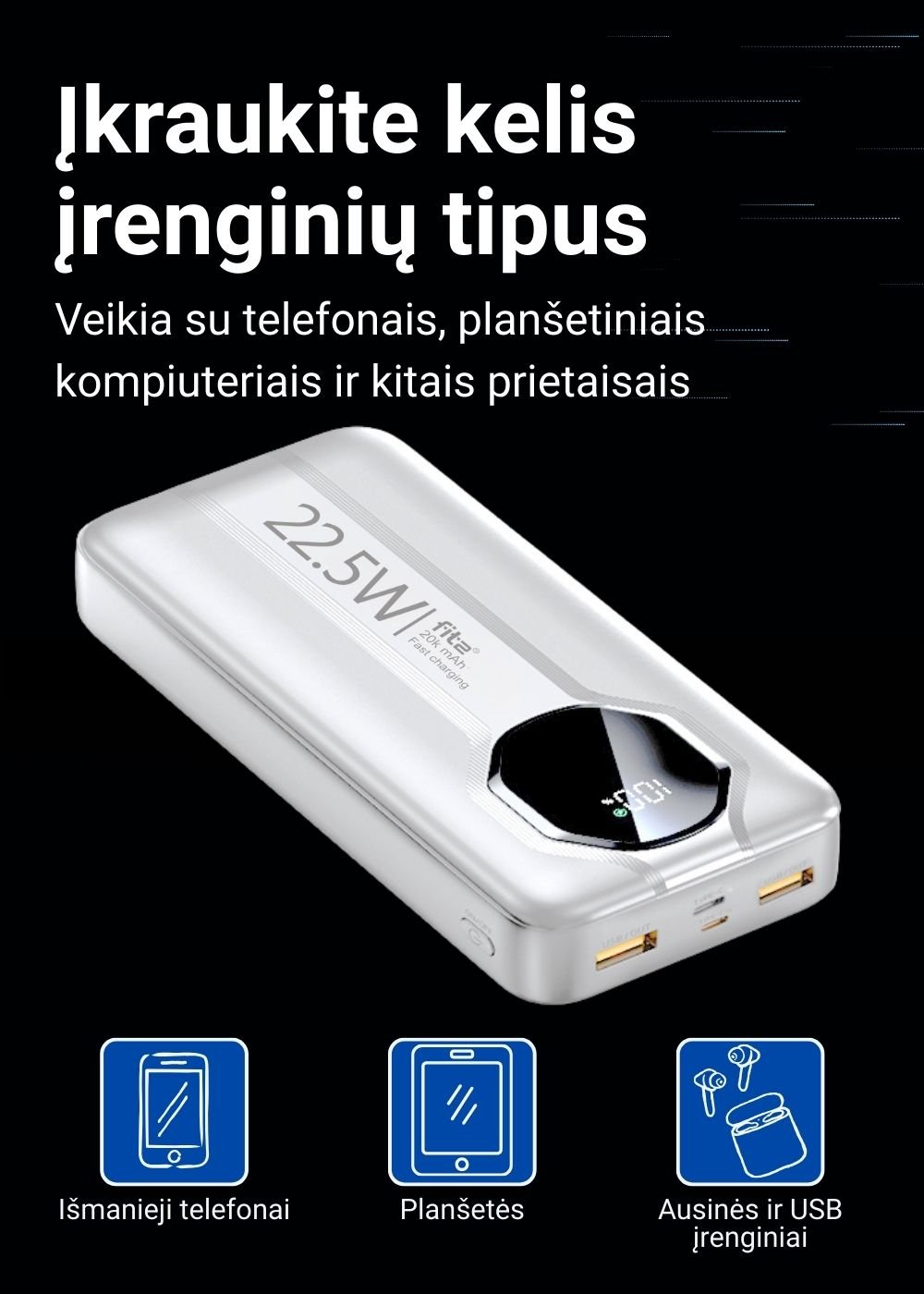 Greitojo įkrovimo išorinė baterija FIT2 Y1240 20000mAh 22.5W PD su LED ekranu, balta aprašymas - Prekės nuotrauka