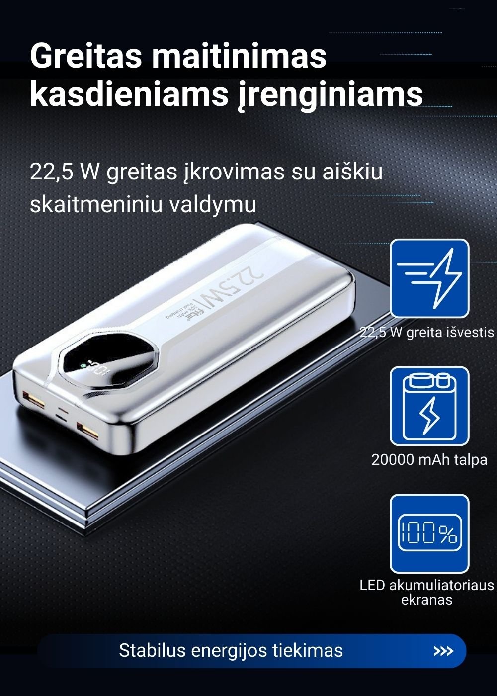 Greitojo įkrovimo išorinė baterija FIT2 Y1240 20000mAh 22.5W PD su LED ekranu, balta aprašymas - Prekės nuotrauka