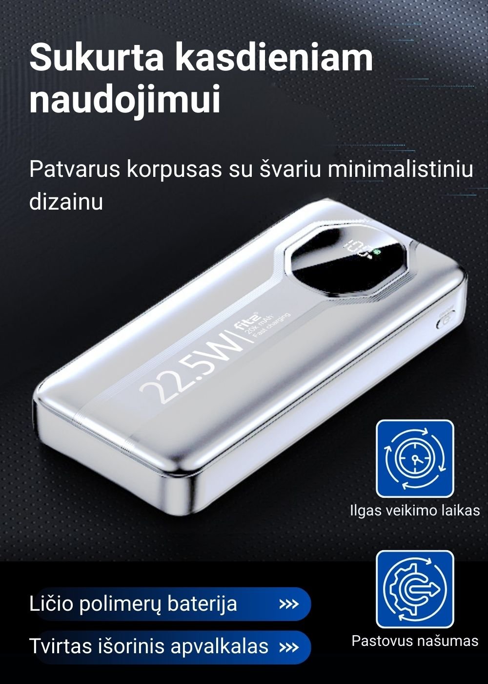 Greitojo įkrovimo išorinė baterija FIT2 Y1240 20000mAh 22.5W PD su LED ekranu, balta aprašymas - Prekės nuotrauka