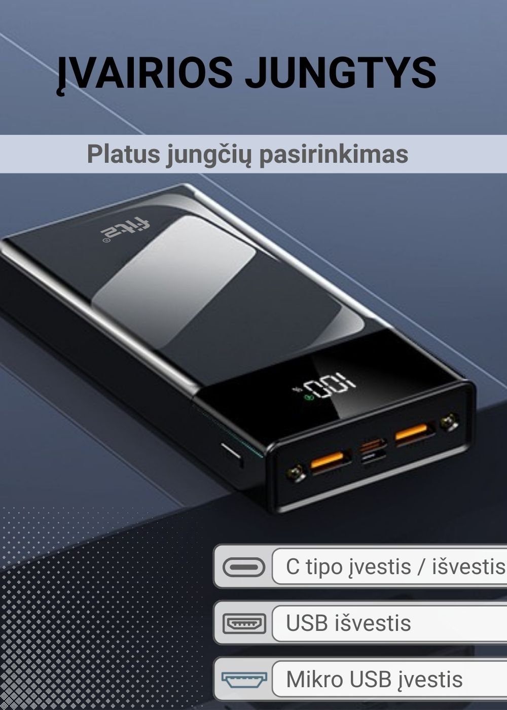Greitojo įkrovimo išorinė baterija FIT2 K100 20000mAh 22.5W PD su LED ekranu, juoda aprašymas - Prekės nuotrauka