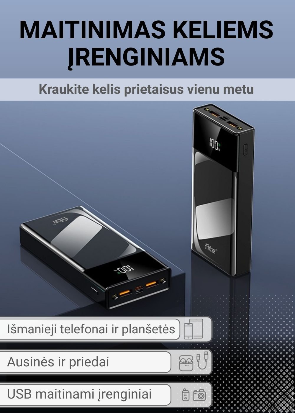 Greitojo įkrovimo išorinė baterija FIT2 K100 20000mAh 22.5W PD su LED ekranu, juoda aprašymas - Prekės nuotrauka