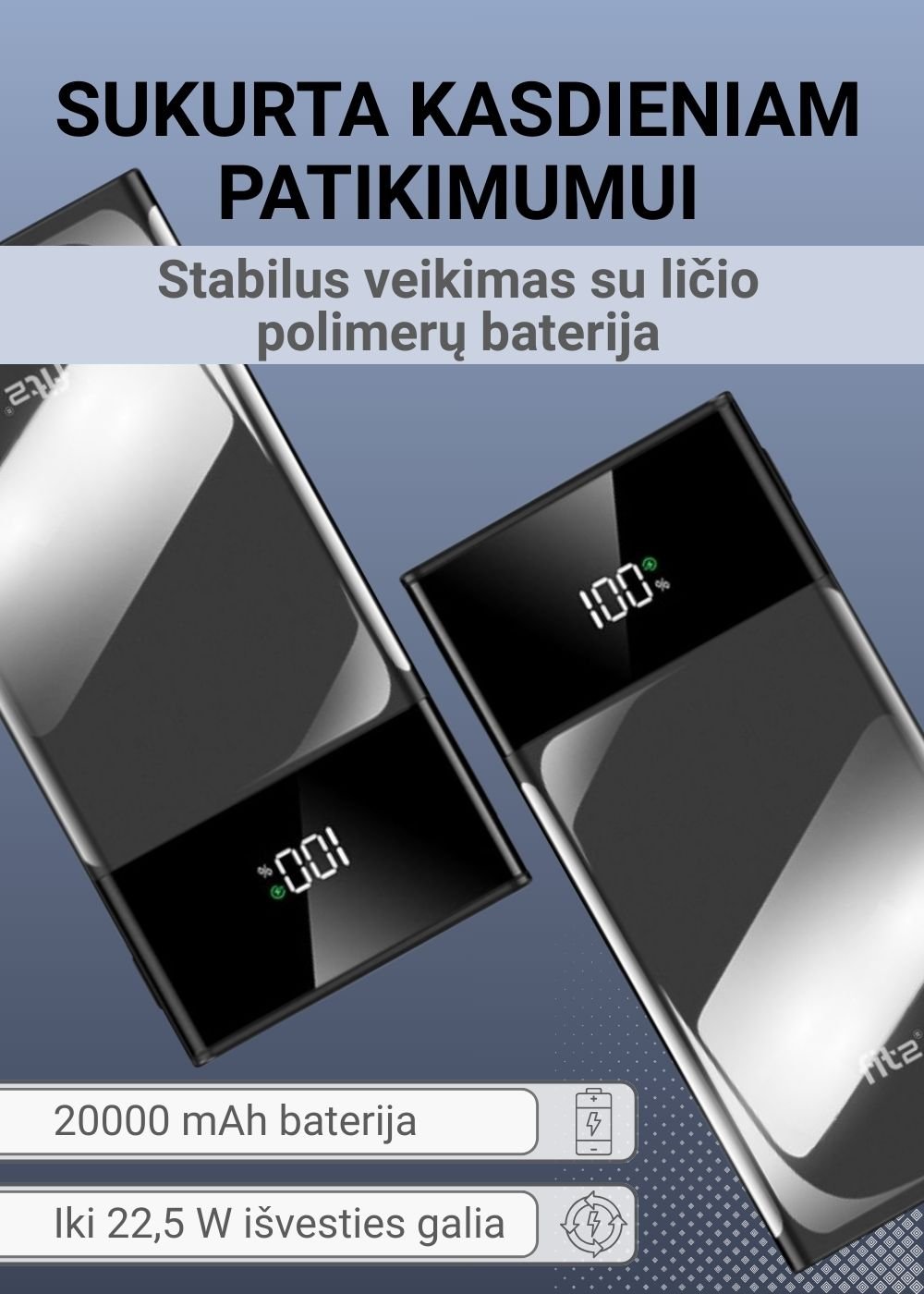 Greitojo įkrovimo išorinė baterija FIT2 K100 20000mAh 22.5W PD su LED ekranu, juoda aprašymas - Prekės nuotrauka