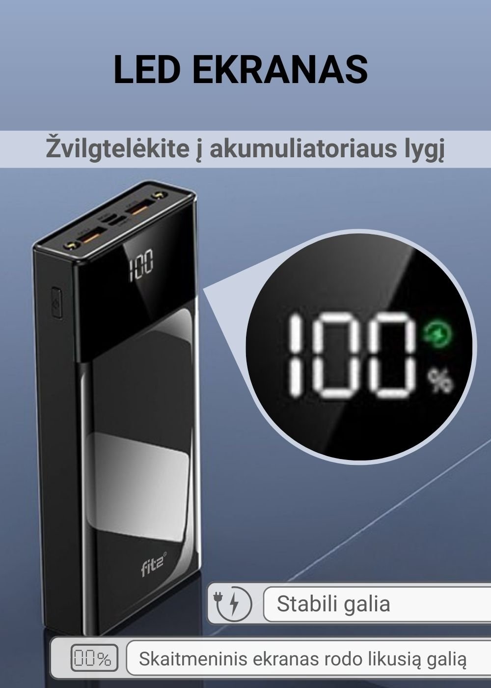 Greitojo įkrovimo išorinė baterija FIT2 K100 20000mAh 22.5W PD su LED ekranu, juoda aprašymas - Prekės nuotrauka
