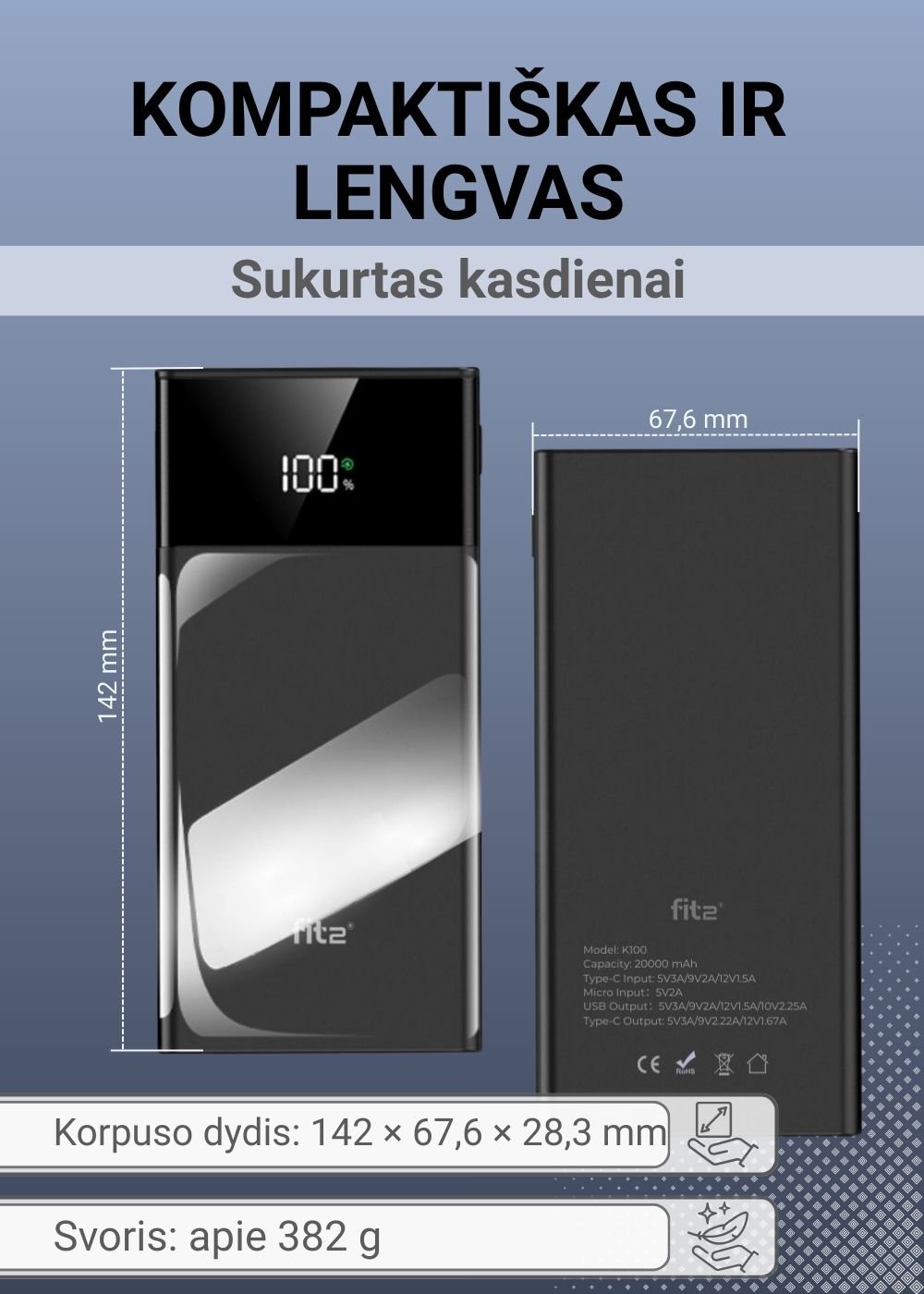 Greitojo įkrovimo išorinė baterija FIT2 K100 20000mAh 22.5W PD su LED ekranu, juoda aprašymas - Prekės nuotrauka