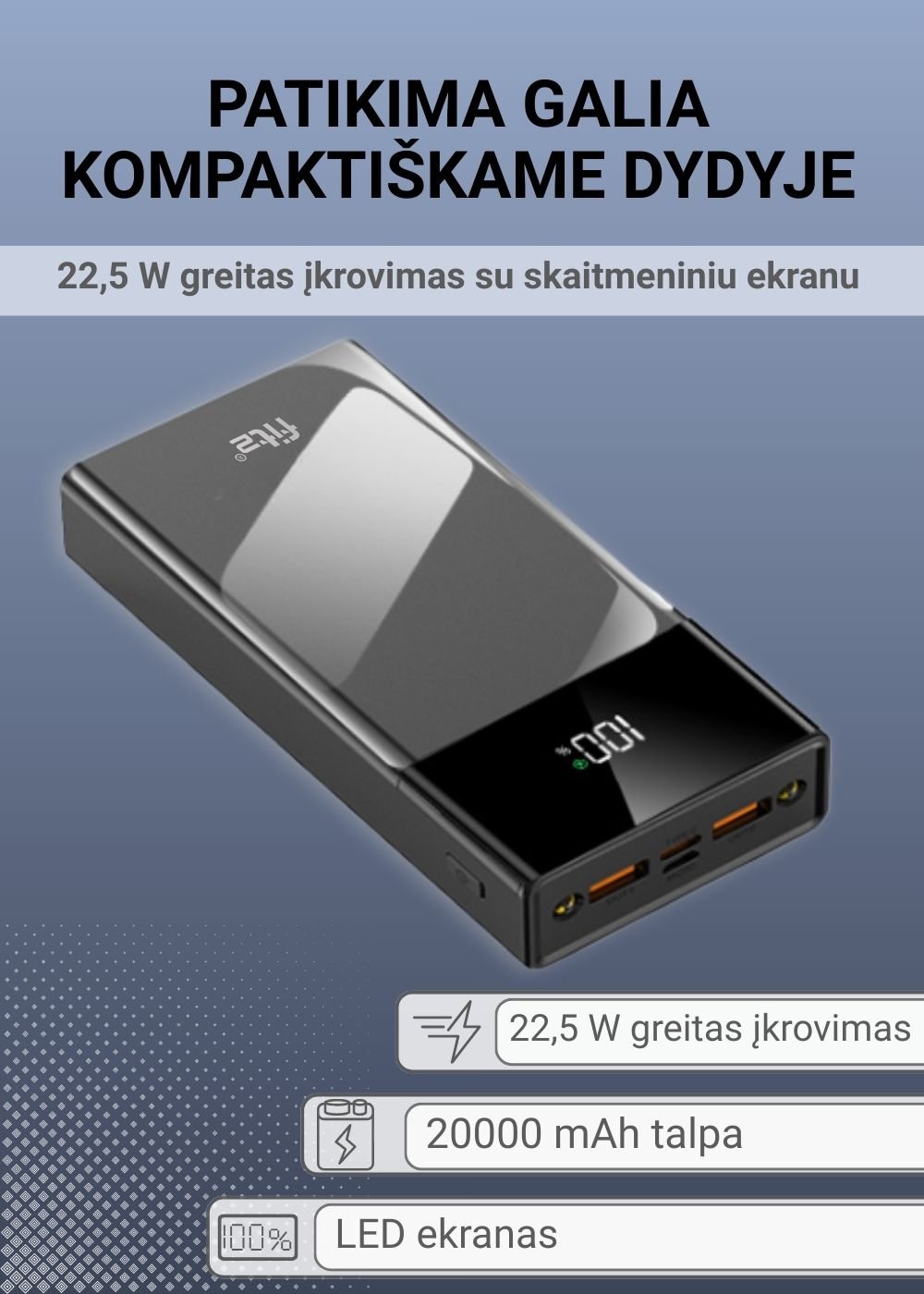 Greitojo įkrovimo išorinė baterija FIT2 K100 20000mAh 22.5W PD su LED ekranu, juoda aprašymas - Prekės nuotrauka