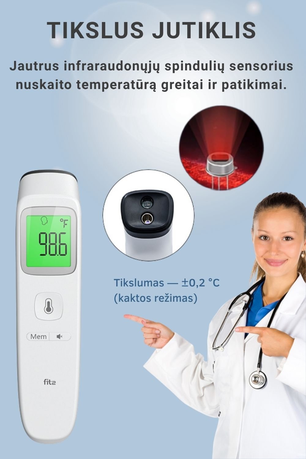 Infraraudonųjų spindulių termometras FIT2 Meditech, bekontaktis, kaktos ir objektų aprašymas - Prekės nuotrauka