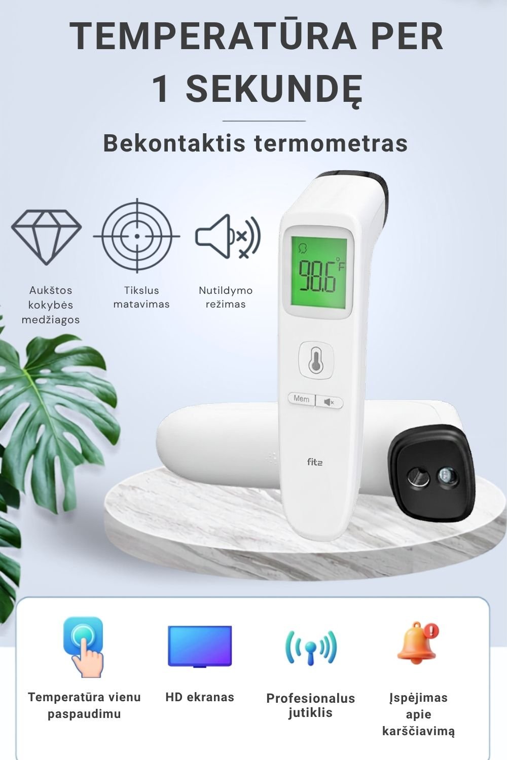 Infraraudonųjų spindulių termometras FIT2 Meditech, bekontaktis, kaktos ir objektų aprašymas - Prekės nuotrauka