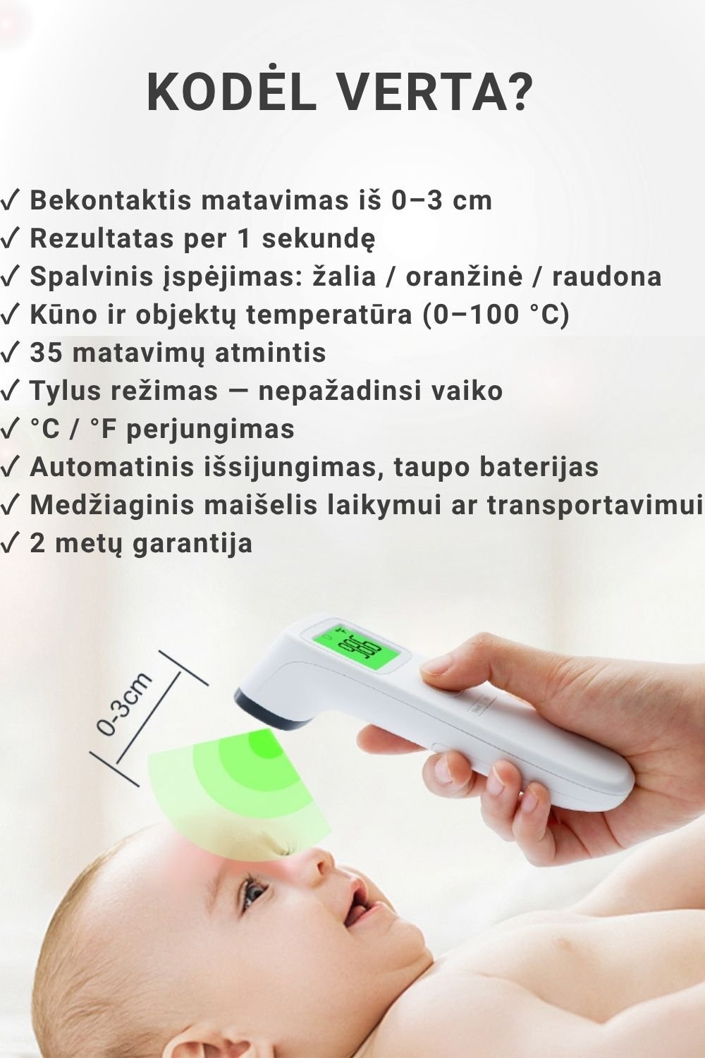 Infraraudonųjų spindulių termometras FIT2 Meditech, bekontaktis, kaktos ir objektų aprašymas - Prekės nuotrauka