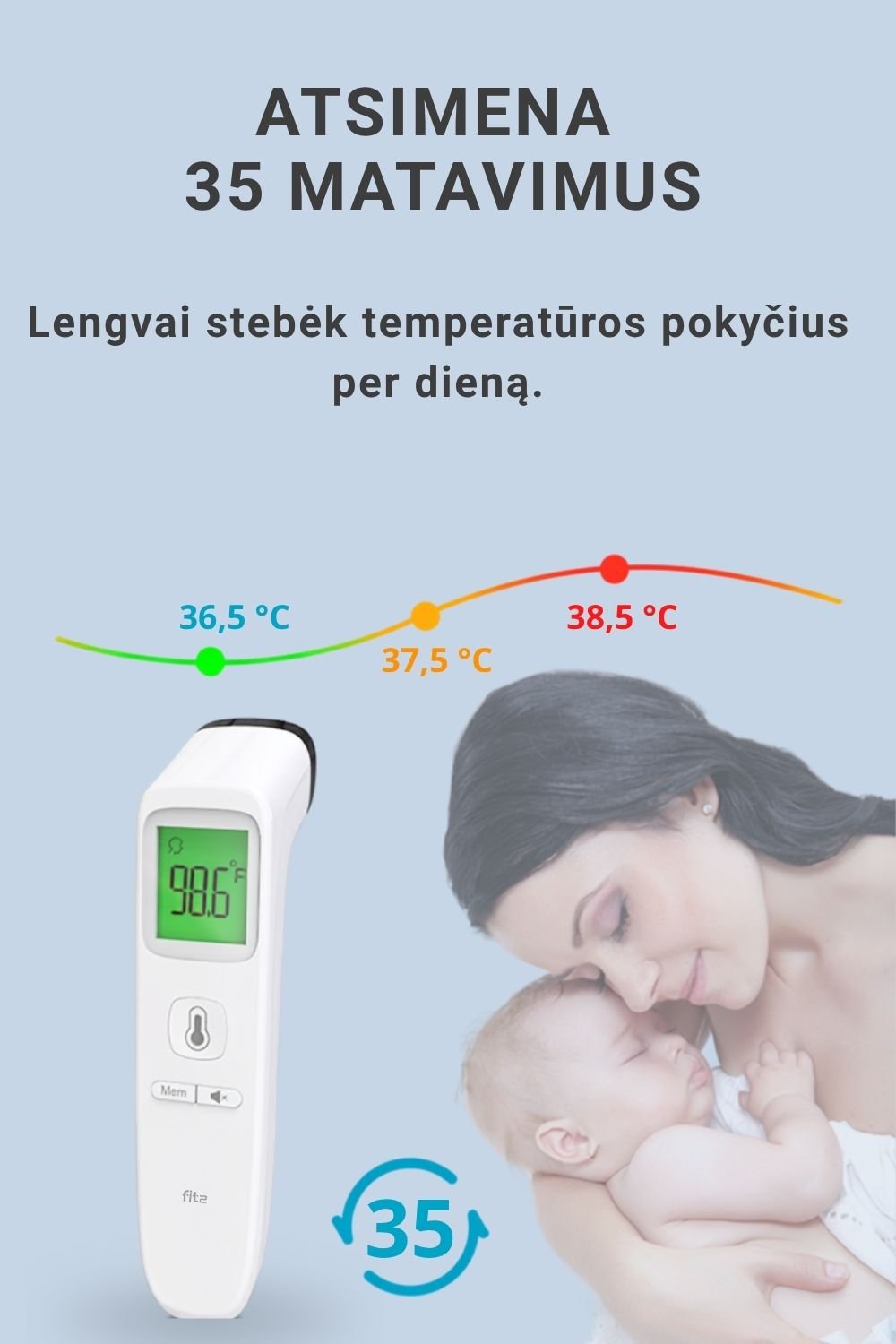 Infraraudonųjų spindulių termometras FIT2 Meditech, bekontaktis, kaktos ir objektų aprašymas - Prekės nuotrauka