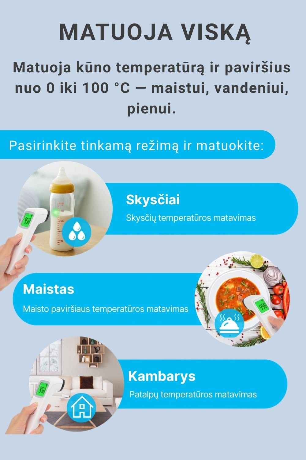 Infraraudonųjų spindulių termometras FIT2 Meditech, bekontaktis, kaktos ir objektų aprašymas - Prekės nuotrauka
